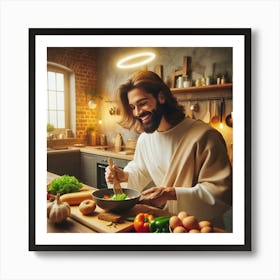 Jesus cooking a meal in a cozy modern kitchen 6 Art Print