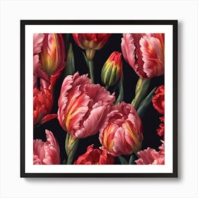 Feathered and Fringed, Stunning Parrot Tulips in Pink and Red Poster