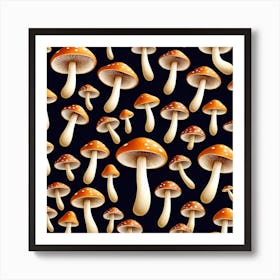 Seamless Pattern Of Mushrooms On Black Background Art Print