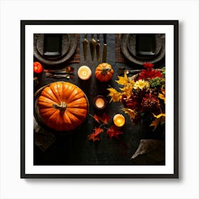 Autumnal Table Setting Cradling A Half Carved Roasted Pumpkin Candlelight Flickering Within Casting (7) Art Print