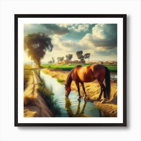 Captivating Scene: A Majestic Horse Quenching its Thirst in a Village, Bathed in the Glow of a Mesmerizing Sunset Art Print