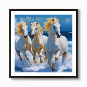 Three White Horses Running On The Beach Art Print