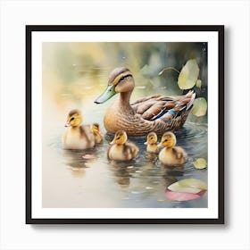 Mother Duck And Ducklings Art Print
