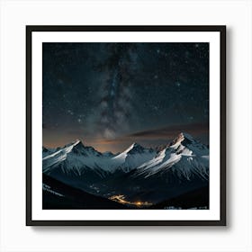 A Majestic Mountain Range With Snow Capped Peaks And A Clear, Starry Night Sky 1 Art Print