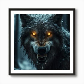 A fierce and battle-scarred lone wolf stands tall in the midst of a raging blizzard. Its fur is matted and covered in snow, and its eyes are a deep, piercing yellow that seem to glow in the darkness. The wolf's teeth are bared in a snarl, and its claws are unsheathed and dripping with blood. It is clear that this wolf is a force to be reckoned with, and that it will not back down from a fight. In the background, a dark and sinister forest looms, adding to the sense of danger and mystery. Art Print