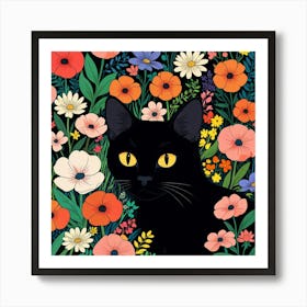 Black Cat In Flowers 1 Art Print