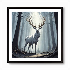 A White Stag In A Fog Forest In Minimalist Style Square Composition 57 Art Print