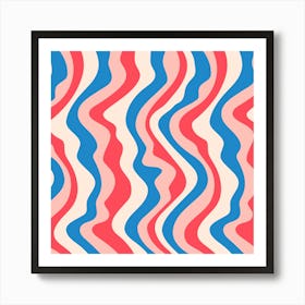 GOOD VIBRATIONS Groovy Mod Wavy Psychedelic Abstract Stripes in Bright Red Pink Cream Blue Art Print
