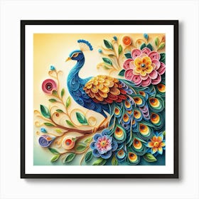 Peacock on flower branch 6 Art Print