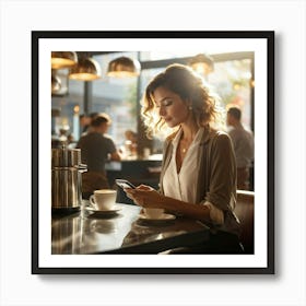 Modern Woman Engages With A Sleek Smartphone At A Bustling Coffee Shop Surrounded By The Hazy Glow 2 1 Art Print