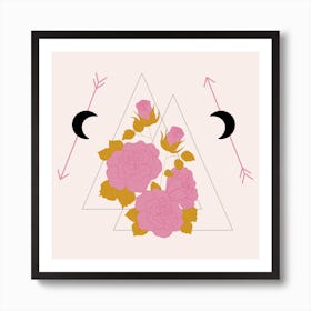 Pink Roses And Geometrics Square Art Print