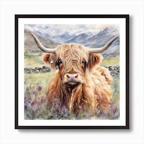 Rough Highland Cattle in Mountains Scotland Art Print