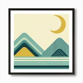 "Calm Crescendo: The Geometry of Dusk"  In this tranquil scene, a golden crescent moon serenely ascends above layered mountains, each adorned with its own pattern, telling a story in lines and shades. The cool tones of blue and green, accented with a hint of warm yellow, evoke a sense of calm as evening unfolds. Stripes and chevrons create a rhythmic tranquility, mirroring the quiet progression from daylight to twilight. This is a moment captured in soft hues and gentle geometry, a visual lullaby as the day makes its graceful exit. Art Print