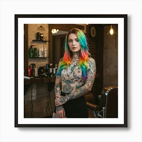 Tattooed Woman In A Barber Shop Art Print