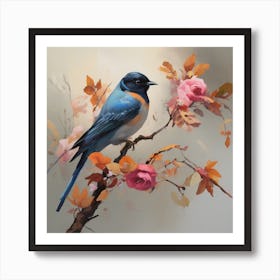 Blue Bird With Roses Art Print