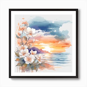 beach view With Flowers and sunset Art Print