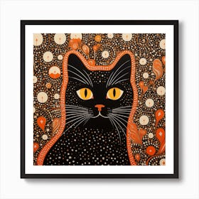 Yayoi Kusama Inspired Black Cat Art in Burnt Orange Art Print