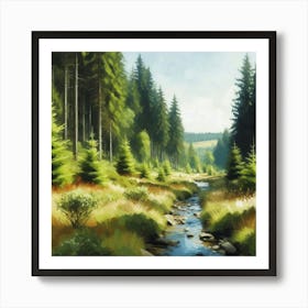 Stream In The Forest, Acrylic Painting Style 18 Art Print