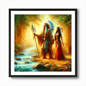 Oil Texture Native American Couple By Stream 11 Copy Art Print