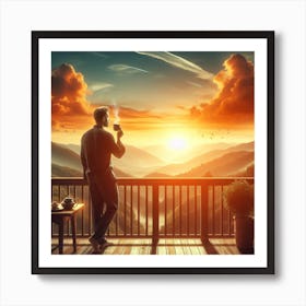 Man On A Balcony At Sunrise Art Print