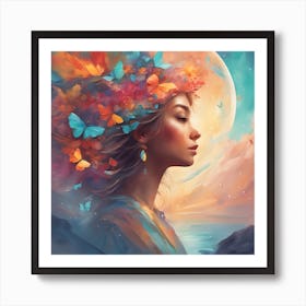 Woman With Butterflies In Her Hair Art Print