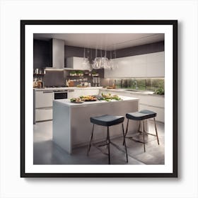 Modern kitchen interior with smart home features, sleek design, architectural photography Art Print
