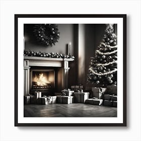 Christmas Presents Under Christmas Tree At Home Next To Fireplace Black And White Still Digital Ar (14) Art Print