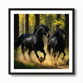 Two Black Horses Running In The Forest Art Print