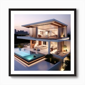 Modern House At Dusk Art Print