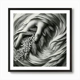 Abstract, Black And White, Nature’s Touch: Hand Among Leaves 1 Art Print