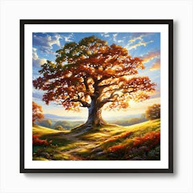 Majestic Oak Tree With Sprawling Branches Located In The Center Of A Serene Meadow Sunlight Filter 445022442 Art Print