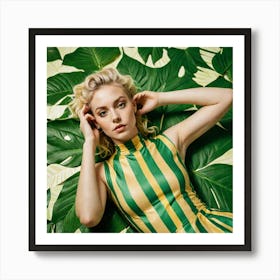 A Queer Model In A Yellow And Green Striped Top Lays On A Green And White Leaf Print Backdrop The Sc 1761942182 Art Print