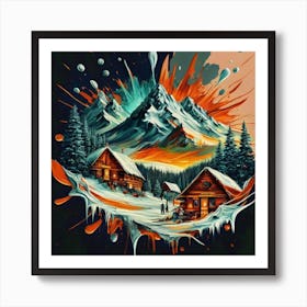 Abstract painting of a mountain village with snow falling 33 Affiche