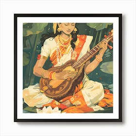 Indian Woman Playing The Sitar Art Print