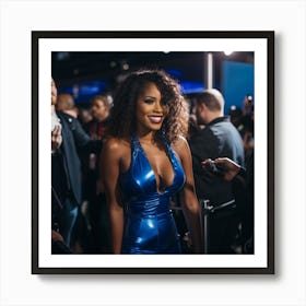 A Sexy Black Woman In A Blue Latex Dress Attending on Red Carpet Curvey Long Hair Shoulders - Created by Midjourney Art Print