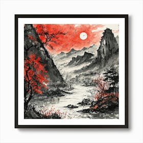 Mountain landscape with river in Chinese style Art Print