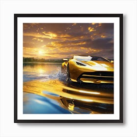 Golden Sports Car In The Water Art Print