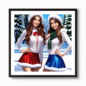 Two Girls In Santa Hats Art Print