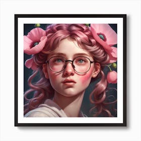 Girl With Glasses And Pink Poppy Flowers Art Print