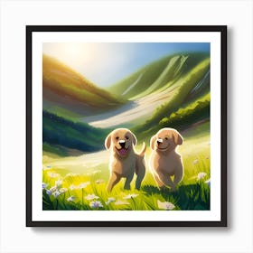 Two Golden Retrievers Running In The Field Art Print