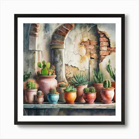 Watercolor painting of an old, weathered wall with cracked stone and peeling paint. The background features various sizes and shapes of terracotta pots on the shelf below. Each pot is filled with vibrant cacti or succulents, 1 Art Print