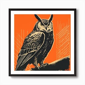 Retro Bird Lithograph Great Horned Owl 1 Art Print