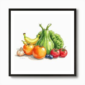 Artistic Watercolor Rendering Of Fresh Produce In An Elegant Arrangement 1 Art Print