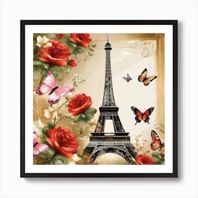 Paris With Roses And Butterflies 3 Art Print