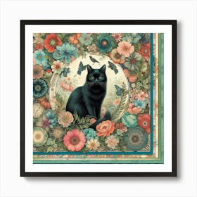 Black Cat With Flowers Art Print