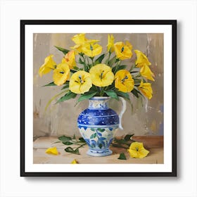 Yellow Flowers In A Blue Vase Art Print