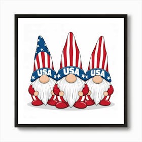 3 Patriotic Usa Gnomes in Red and Blue flag color dress Art Print