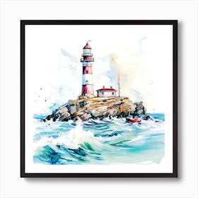 Watercolor Lighthouse, PSD watercolor illustration of a lighthouse at sea Art Print