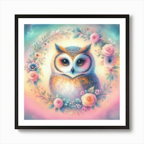 Owl with flowers around Art Print