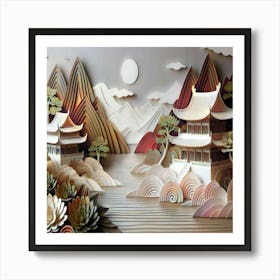 Tranquil Mountain and Origami Temple Art Print